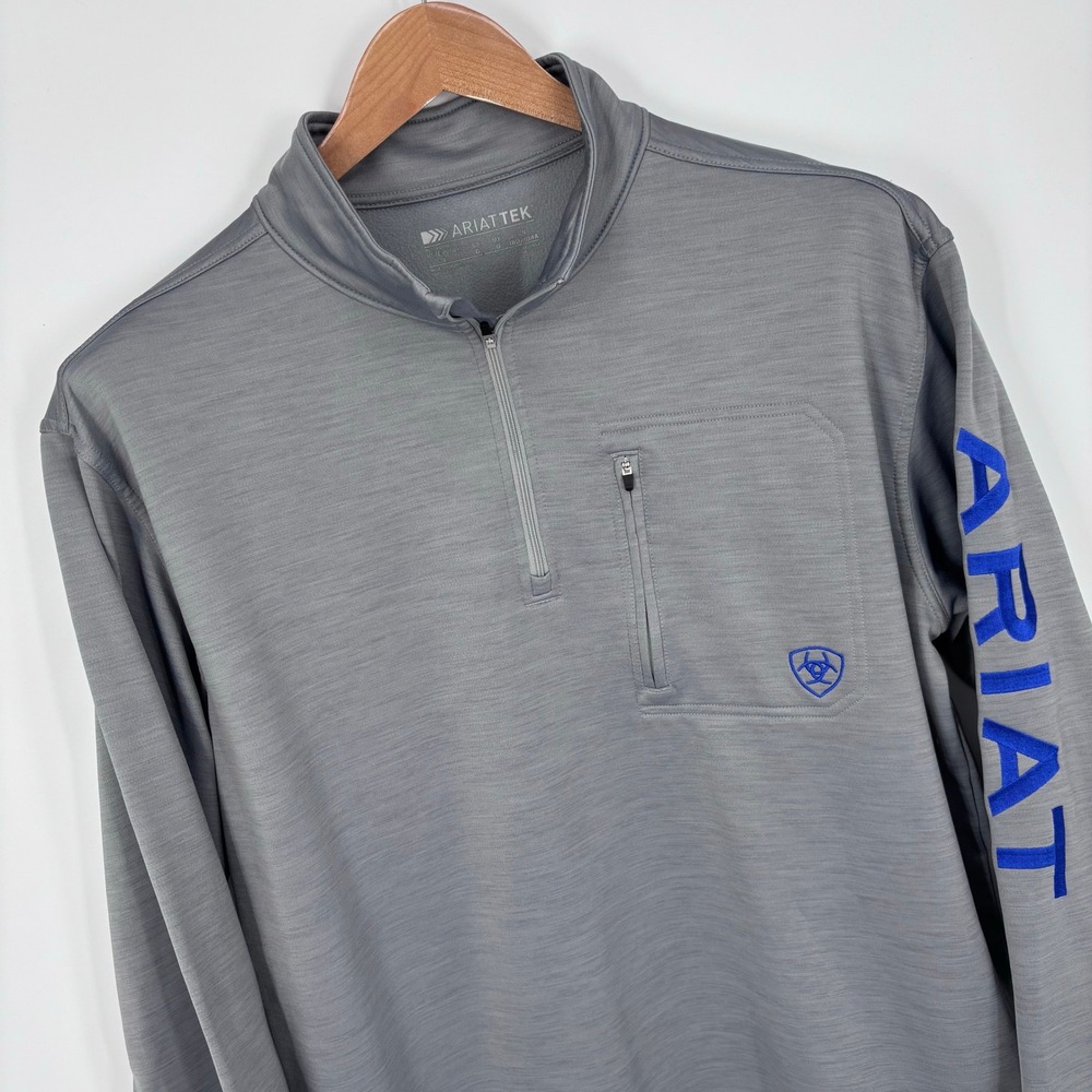 Ariat Tek 1/4 Zip Pullover Men L Grey Performance Fleece Embroidered Sleeve Logo